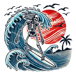Surfing Skeleton PNG Clipart, Vintage Retro Digital Download, Halloween Beach Art, Upiorny Surfing, Ilustracja Surfera, Skeleton Wave Art