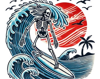 Surfing Skeleton PNG Clipart, Vintage Retro Digital Download, Halloween Beach Art, Spooky Surfing, Surfer Illustration, Skeleton Wave Art