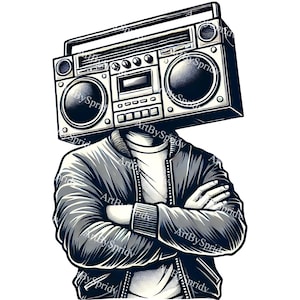 Cooler Boombox Kopf PNG Clipart, Retro Musik Vibes Hipster Digitale transparente Clip Art für DTG T-Shirts, Becher, Aufkleber, Streetwear DIY Handwerk