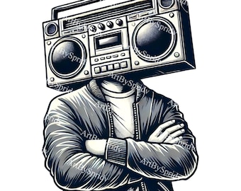 May include: A black and white illustration of a person with a vintage boombox for a head. The person is wearing a jacket and has their arms crossed.