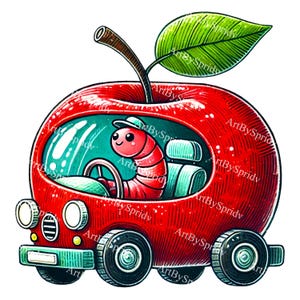 Adorable Worm Driving Apple Car PNG Clipart, Cute Digital Illustration for Kids DIY Crafts, Scrapbooking, Stickers,Classroom Decor,DIY Craft