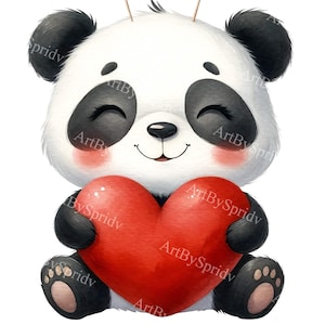 Valentine's Day Watercolor Panda Clipart - Heart-Holding Cartoon Panda for DTG, Mugs, Tumblers, Sublimation & Scrapbooking - Digital PNG
