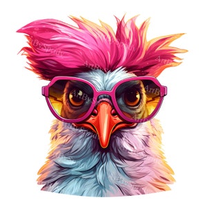 Clipart PNG Transparent drôle de poulet avec des lunettes roses, conception de dessin animé enfants/adultes, sublimation imprimable, commercial, clipart animal magique