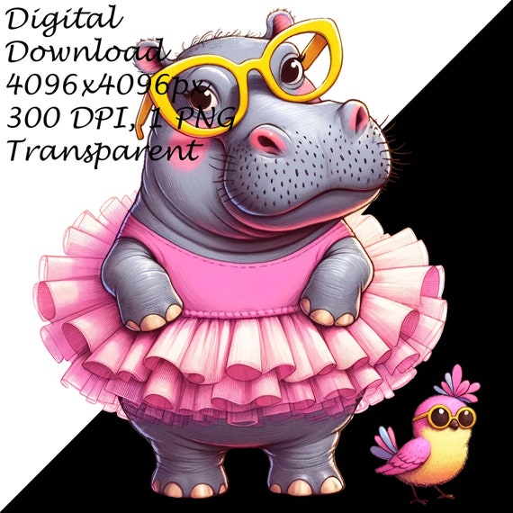 Hippo Ballerina Clipart - Cute Pink Tutu, Stylish Yellow  Glasses,Transparent PNG, Perfect for Birthday Invites & DIY Crafts,Instant  Download