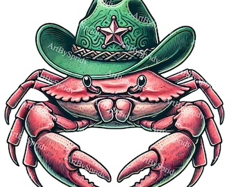Cowboy Crab PNG Clipart, Cute Western Digital Download, Cowboy Hat Crab Illustration, Sea Life Clip Art, Nautical Coastal Decor, Sublimation