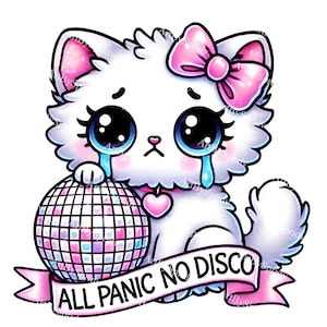 Cute Sad Cat with Disco Ball Clipart PNG | 'All Panic No Disco' Funny Retro Clip Art for Stickers, T-Shirts, Meme Designs, DIY Craft Project