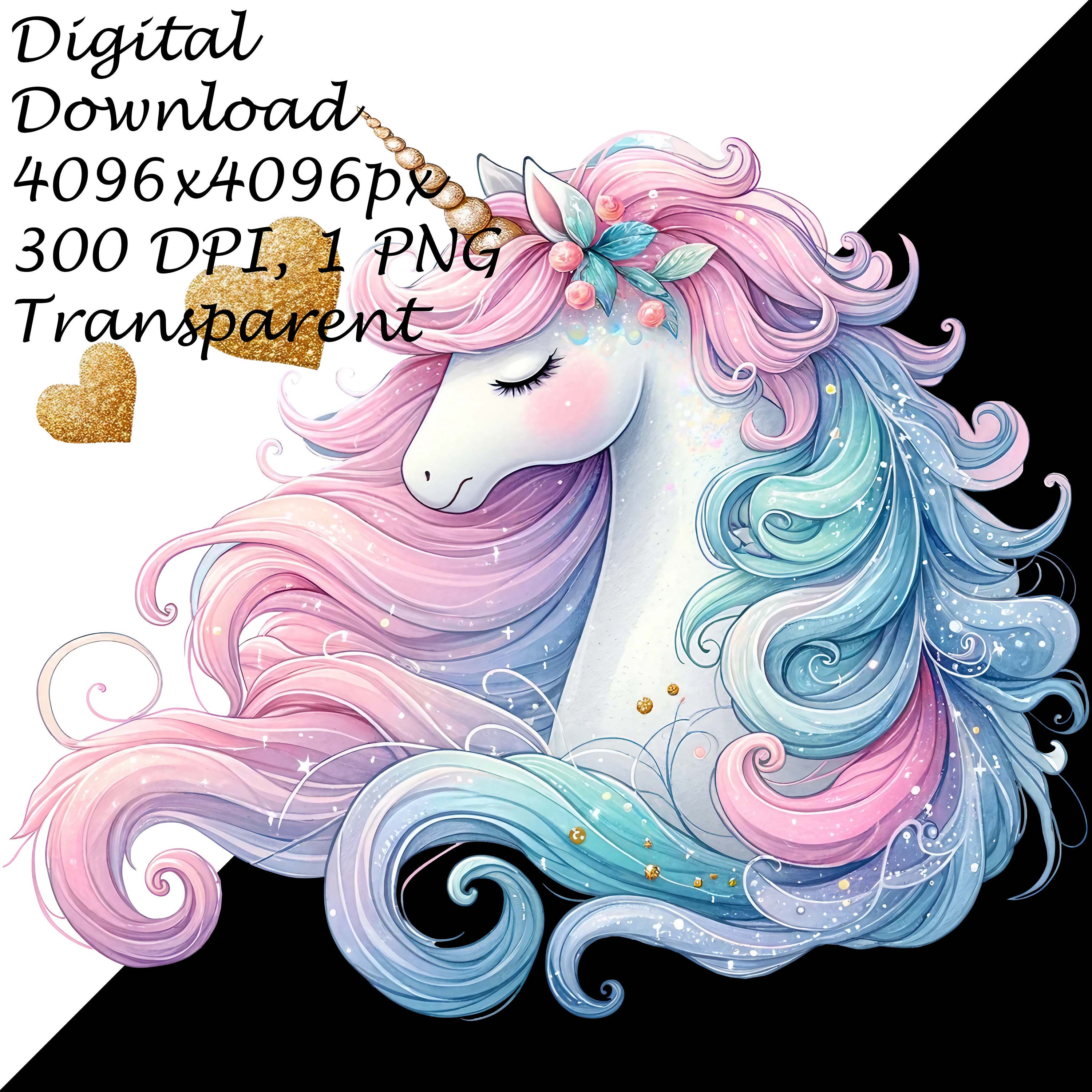 Pastel Rainbow Unicorn Clipart - Wavy Mane Cartoon PNG for DTG T-shirts ...