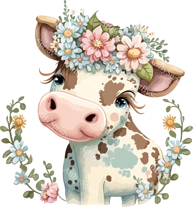 Cute Floral Cow PNG, Transparent Farm Flower Animal Clipart, Kids Cartoon Design,Printable Sublimation,Commercial,Baby Shower PNG Clip Art image 1