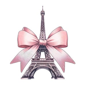 Cartoon Eiffel Tower Clipart, Pink Bow Digital PNG, Sublimation & Scrapbooking, Tumbler Mug DTG Print, Parisian Themed Clip Art Download