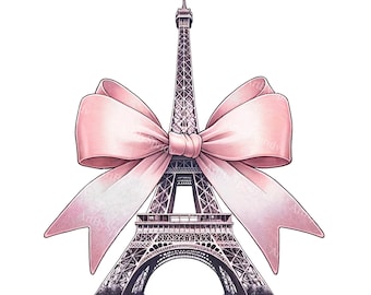 Cartoon Eiffel Tower Clipart, Pink Bow Digital PNG, Sublimation & Scrapbooking, Tumbler Mug DTG Print, Parisian Themed Clip Art Download