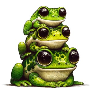May include: A stack of three green frogs with large eyes. The frogs are sitting on top of each other, with the smallest frog on top. The frogs have a cartoonish appearance and are drawn in a realistic style.