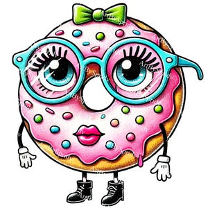 Cute Donut Character PNG, Kawaii Pink Frosted Donut with Glasses, Funny Cartoon Donut Clipart, Kids Party DTG T-Shirt, Mug Print Design