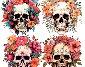 Floral Sugar Skull PNG Cliparts Sets, Flower Skulls, Day of the Dead Decor, Transparent Sublimation,Scrapbooking,Tattoo Art,Gothic Halloween