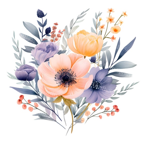 Delicate Watercolor Floral Bouquet PNG Clipart, Elegant Hand-Painted Flowers, Wedding Invites, Scrapbooking, DIY Crafts, Instant Download