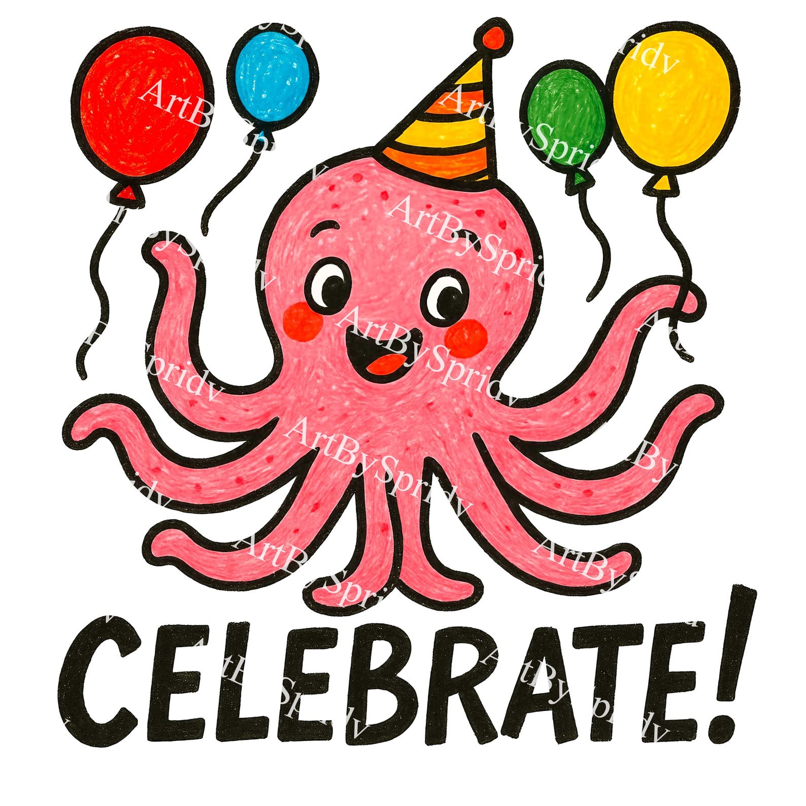Cute Party Octopus PNG – Pink Cartoon Octopus With Balloons and Hat ...