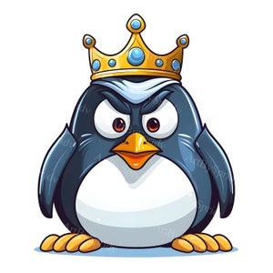 Regal Penguin King with Crown PNG Clipart, Cute Clip Art Illustration, Royalty Cartoon Royal Penguin Decor, T-Shirt, Mug, DIY Craft Project