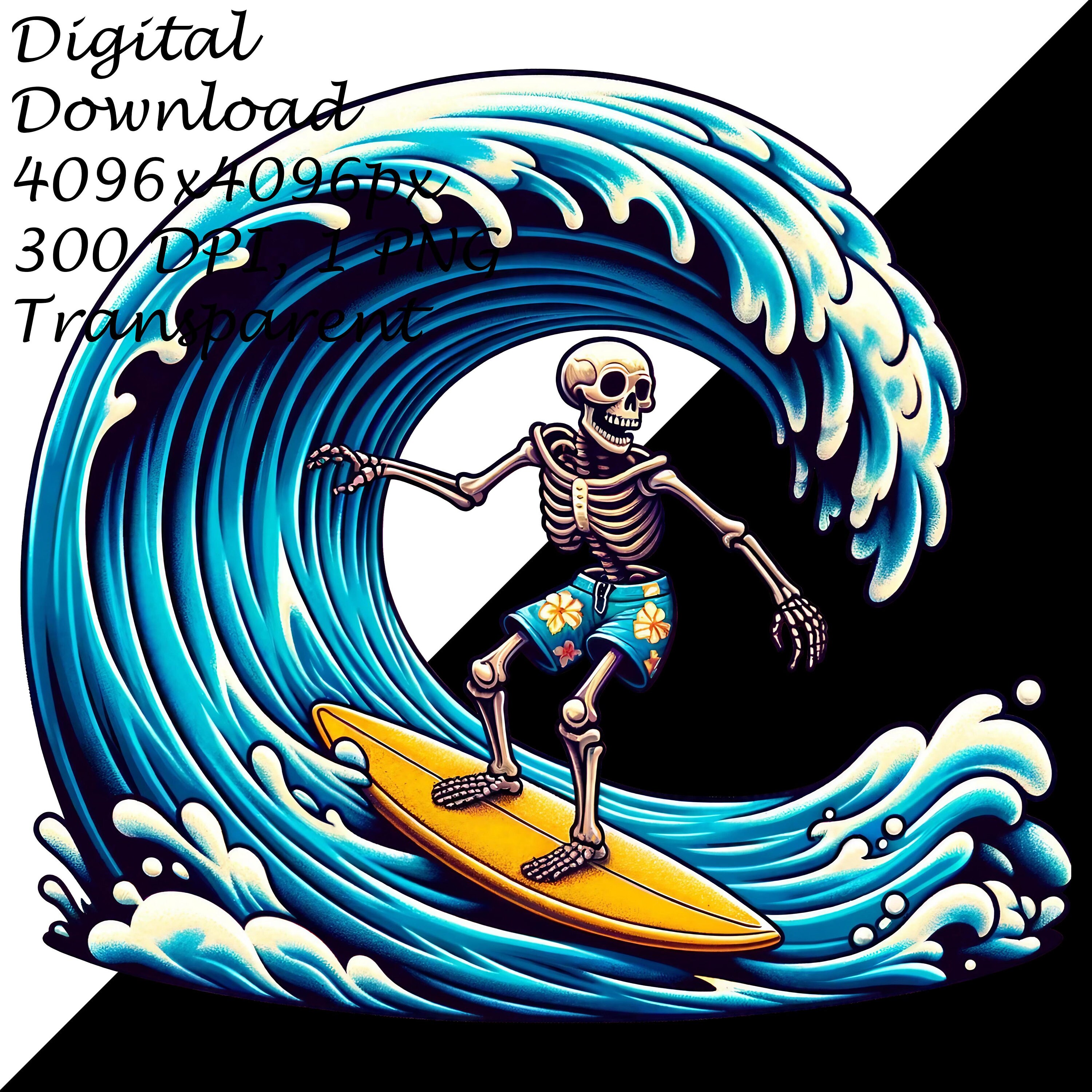 Skeleton Surfer Digital Clipart - Tropical Surfing Skeleton PNG for ...