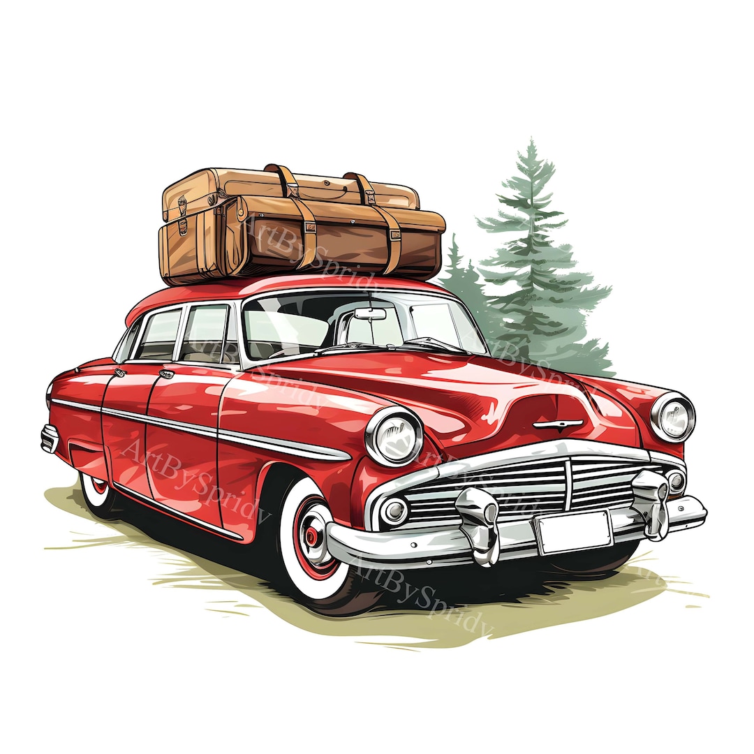 Vintage Red Retro Car With Luggage on Roof PNG Clipart, Classic Travel ...