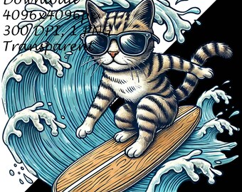 サーフィン猫のクリップアート、サーフボードに乗ったトラ猫、かわいい