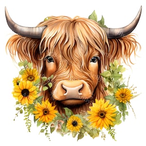 Vaca de las Tierras Altas de acuarela con corona de girasol Clip Art - Camiseta imprimible, taza Sublimación PNG transparente Clipart - Comercial, Descarga digital