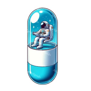 May include: An astronaut sits in a chair inside a blue and white pill-shaped capsule. The capsule is filled with stars and a white moon.