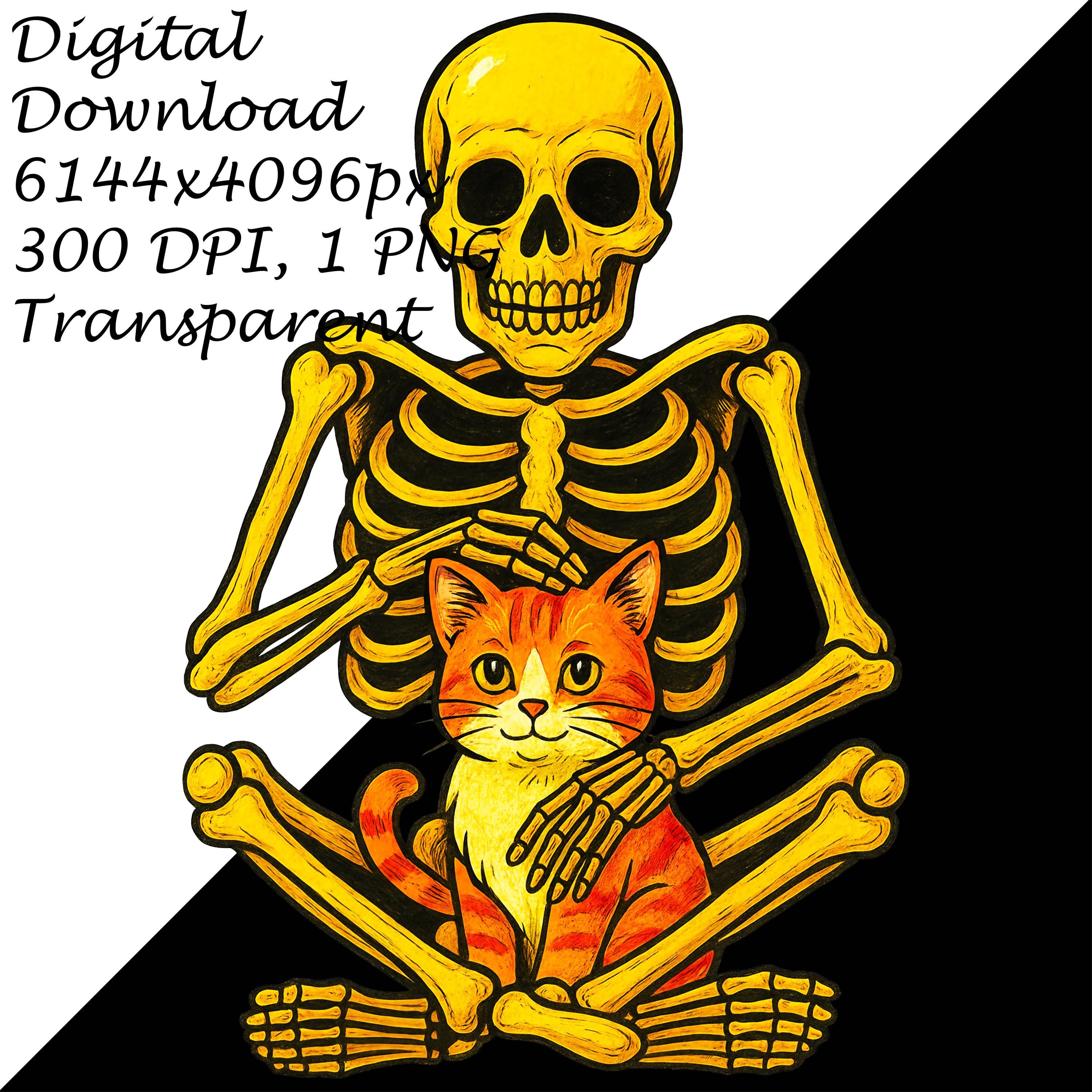 Skeleton Holding Cat PNG | Halloween Skeleton With Orange Kitty Clipart ...