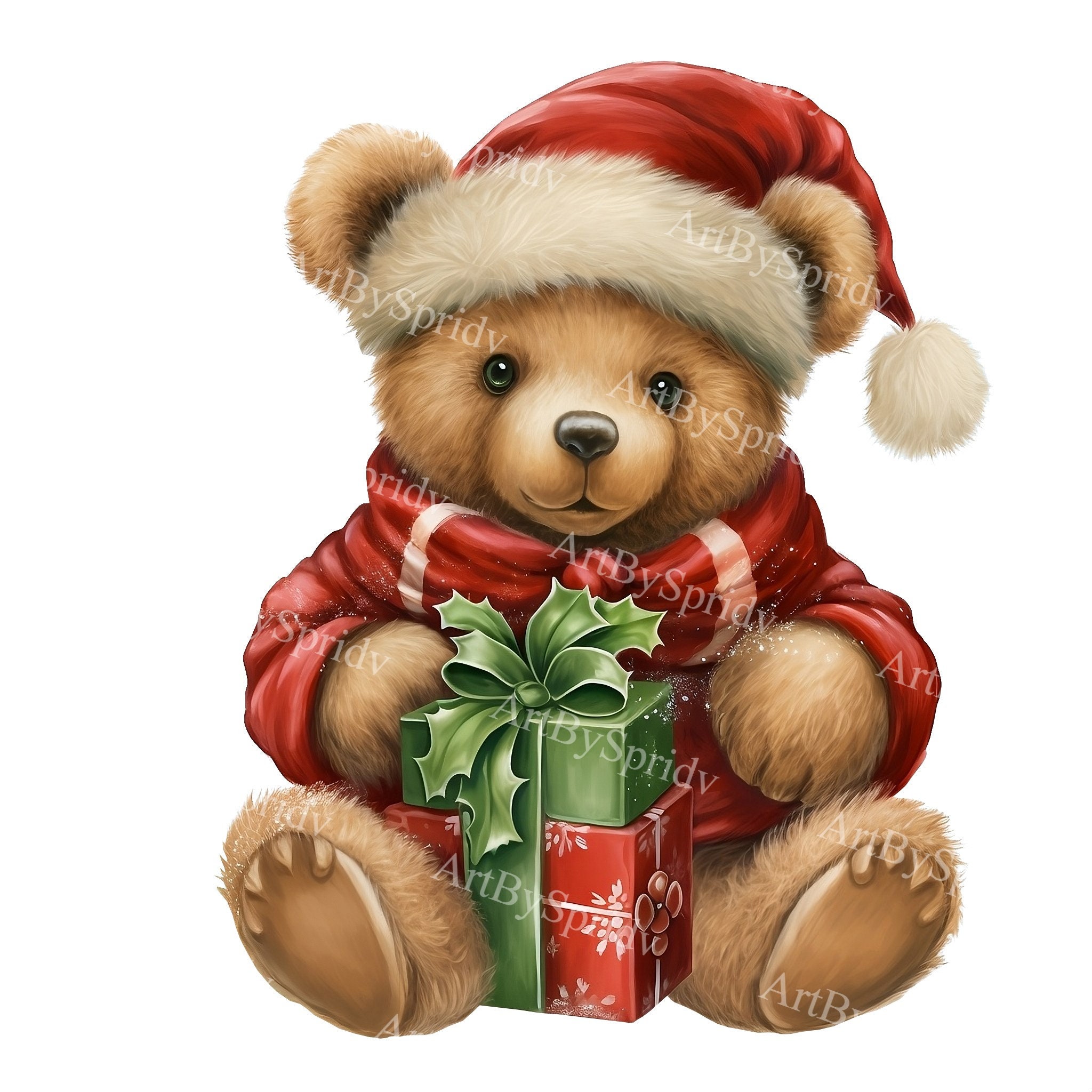Cute Bear With Christmas Santa Hat Transparent PNG Clipart,Kid/Adult  Cartoon Design,Printable Sublimation,Commercial,Magical Animal Clip Art, image size:2048x2048