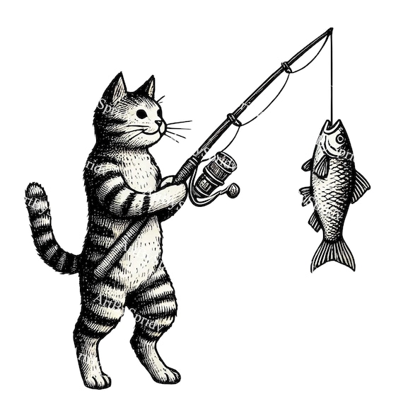black and white man with fishing pole here kitty kitty Cute Vintage Cat Fishing PNG, Funny Anthropomorphic Cat with Fish Clipart,  Transparent Animal Illustration for T-Shirt Sublimation & Print