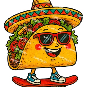 Cool Taco on Skateboard PNG, Mexican Food Cartoon Clipart with Sombrero and Sunglasses, Fiesta Sublimation Design for Shirts & Stickers