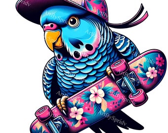 Skateboarding Parakeet Clipart - Bird with Hat PNG, Vibrant DIY Printable Sublimation Designs, Digital Download for Shirts, Mugs, Posters