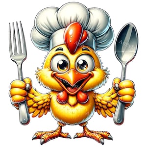 Chef Chicken Cartoon Clipart | Printable Sublimation PNG | Kitchen Decor Digital DIY Clip Art | Cooking Themed Graphics | Instant Download