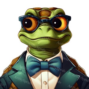 Schildkröte im blauen Smoking & Brille PNG Clipart, digitaler Download für T-Shirt Sublimation, Einladungen, DIY Handwerk, anspruchsvolle Cartoon Clip Art