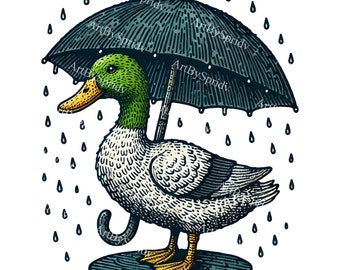 Pato caprichoso com guarda-chuva PNG clipart, ilustração de pato em dia chuvoso, arte de pato fofo na chuva, download instantâneo, arte de pato adorável para artesanato