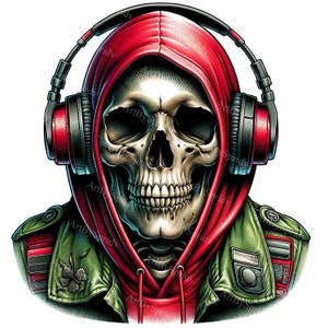Skull in Hoodie with Headphones Clipart - Digital PNG for DTG, T-Shirt, Mug, Tumbler Sublimation&Scrapbooking-Edgy Skeleton Clip Art Design