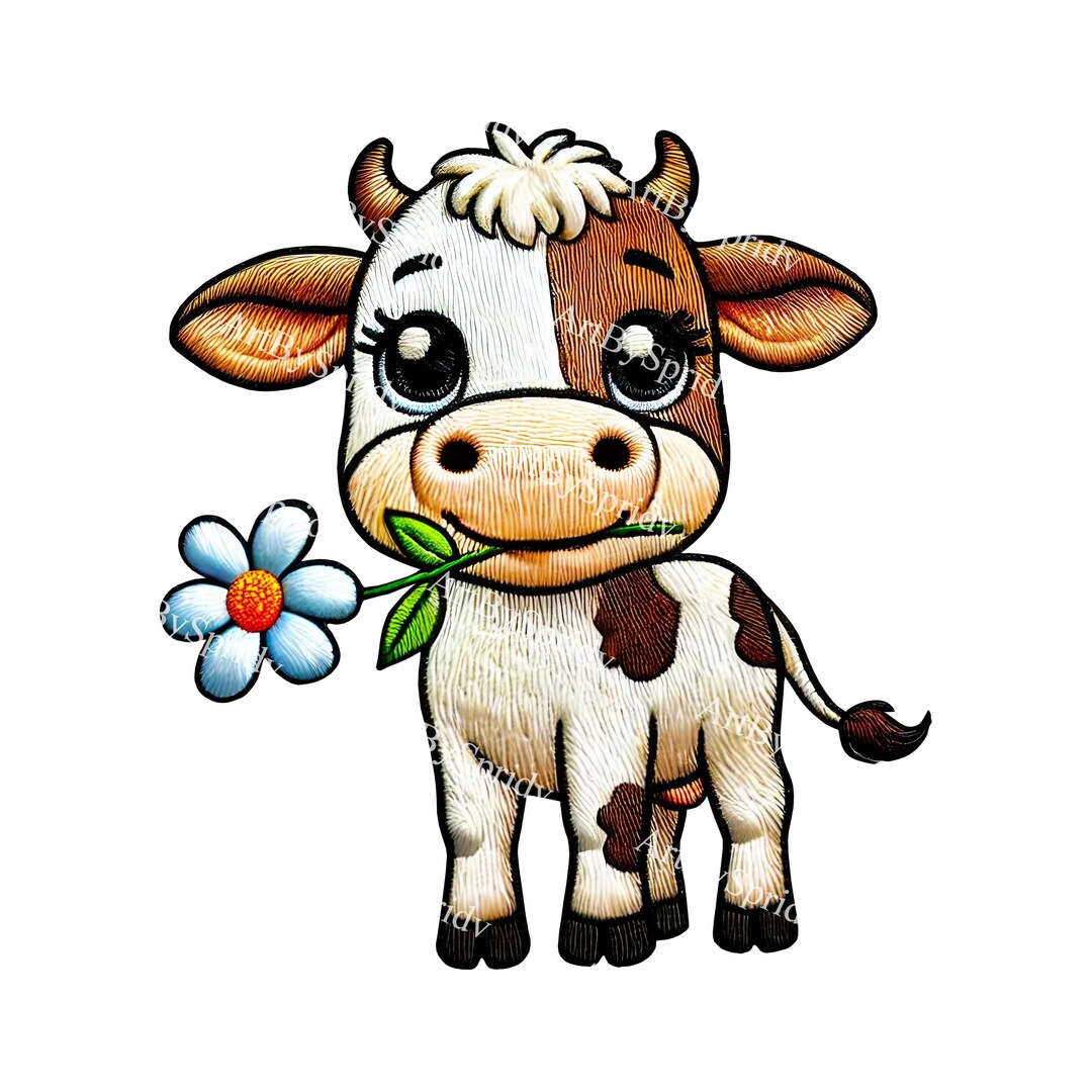 Cow Holding a Flower PNG Clipart, Cute Farm Animal Digital Download ...