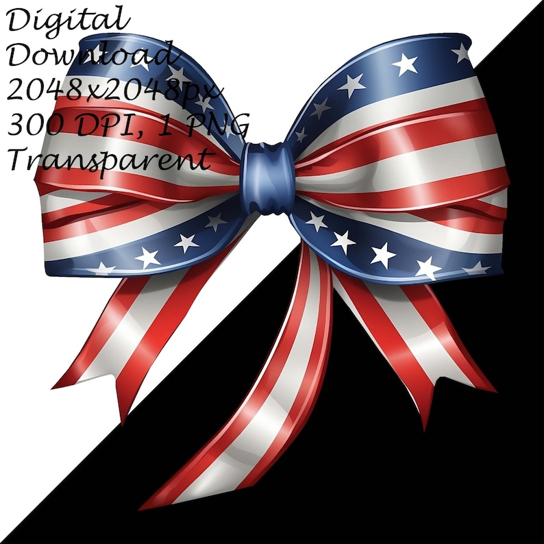 Patriotic USA Flag Ribbon Bow Clipart, Stars & Stripes Digital PNG for Independence Day, 4th of July,Memorial Day,Veteran’s Day Celebrations