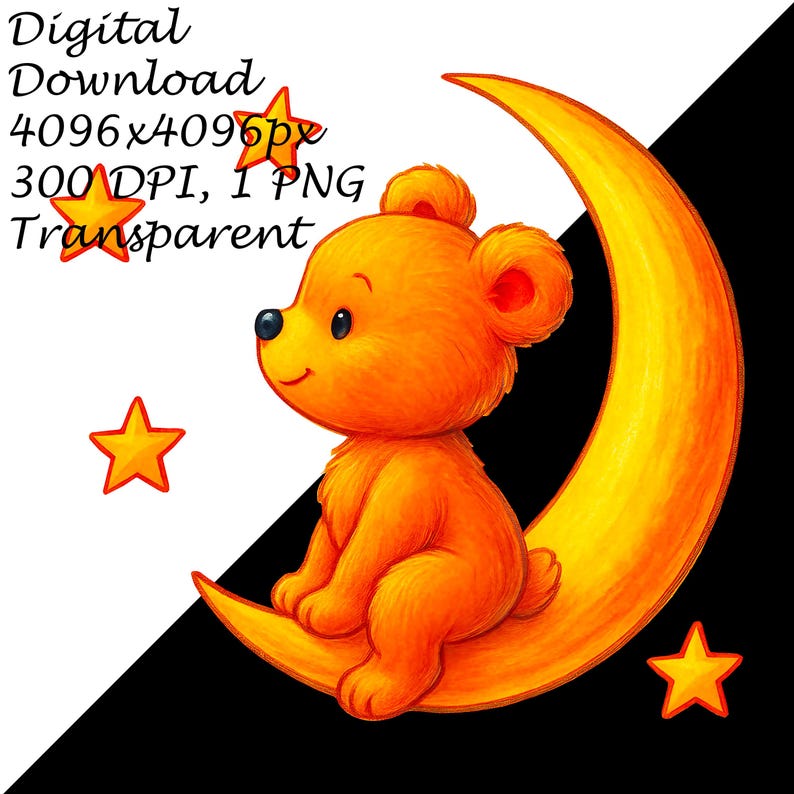 Teddy Bear on Moon PNG, Cute Bear Sitting on Crescent With Stars ...