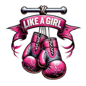 May include: Pink boxing gloves hanging from a metal bar with a pink ribbon banner that reads "Like a Girl".