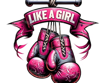 Feminine Pink Boxing Gloves Digital Clipart, 'Like A Girl' Motivational Sublimation PNG, Powerful Women Decor Printable DIY Craft Clip Art