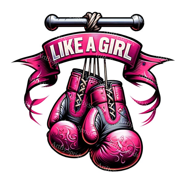 Feminine Pink Boxing Gloves Digital Clipart, 'Like A Girl' Motivational Sublimation PNG, Powerful Women Decor Printable DIY Craft Clip Art