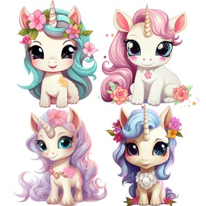 Baby Unicorn Clipart Bundle | Whimsical Unicorns with Floral Accents, Cute Transparent Digital Download Clip Art for DIY Crafts&DTG T-Shirt
