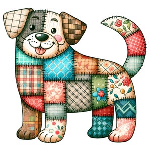 Patchwork Dog PNG Clipart,Cute Quilted Puppy Illustration,Whimsical Animal,DIY Craft,Scrapbooking,Nursery Decor,Kids Room Art,Printable PNG