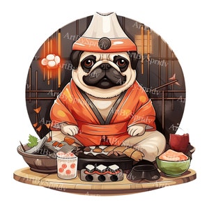 Adorable Sushi Chef Pug PNG Clipart, Cute Kawaii Dog Illustration, Transparent Clip Art for T-Shirt Sublimation, Stickers, DIY Craft Project