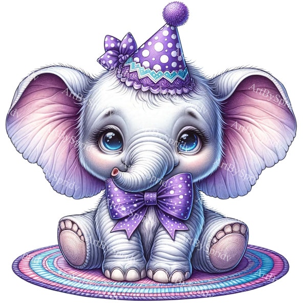 Adorable Baby Elephant Clipart in Party Hat | Cute Animal PNG for Birthday Invitations, Nursery Art & DIY Crafts Project, Instant Download