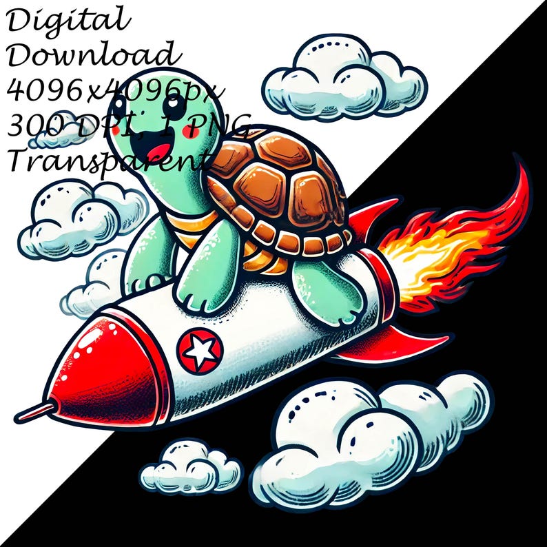 Adorable Turtle Riding Rocket Cartoon Design Transparent PNG for Kids ...