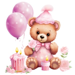 Orsetto di compleanno con cappello e papillon, torta-Clipart PNG trasparente-T-shirt stampabile, tazza, bicchiere Clip art a sublimazione, baby shower, pubblicità