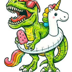 May include: A cartoon illustration of a green Tyrannosaurus Rex wearing sunglasses and a white inflatable ring, with a unicorn. The T-Rex holds a pink ice lolly. The unicorn has a rainbow mane and tail.