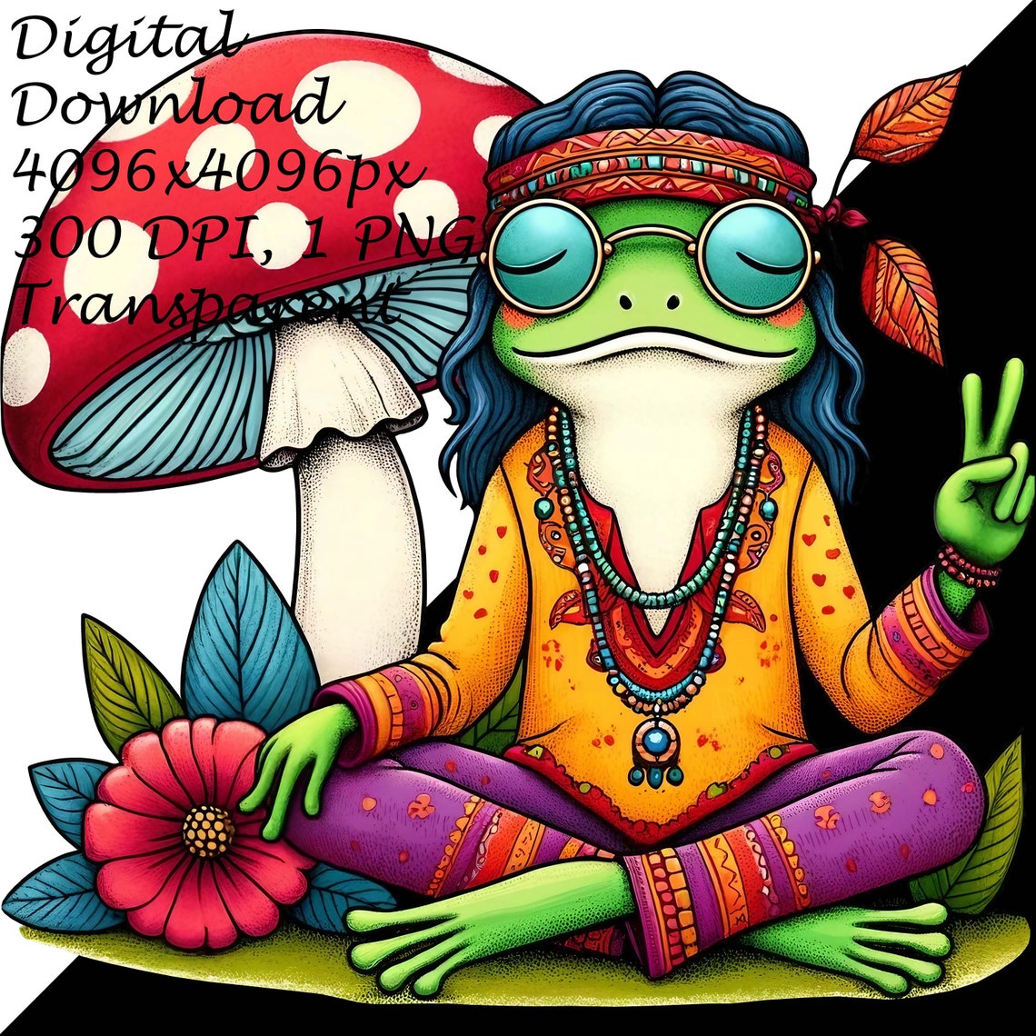 Whimsical Hippie Frog Clipart-retro Boho Meditating Frog With Peace ...