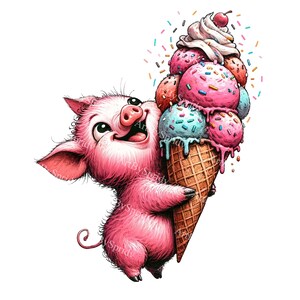 Adorable lechón rosa con imágenes prediseñadas de cono de helado - Perfecto para invitaciones de cumpleaños, decoración de fiestas, lindo animal PNG para descarga digital, bricolaje