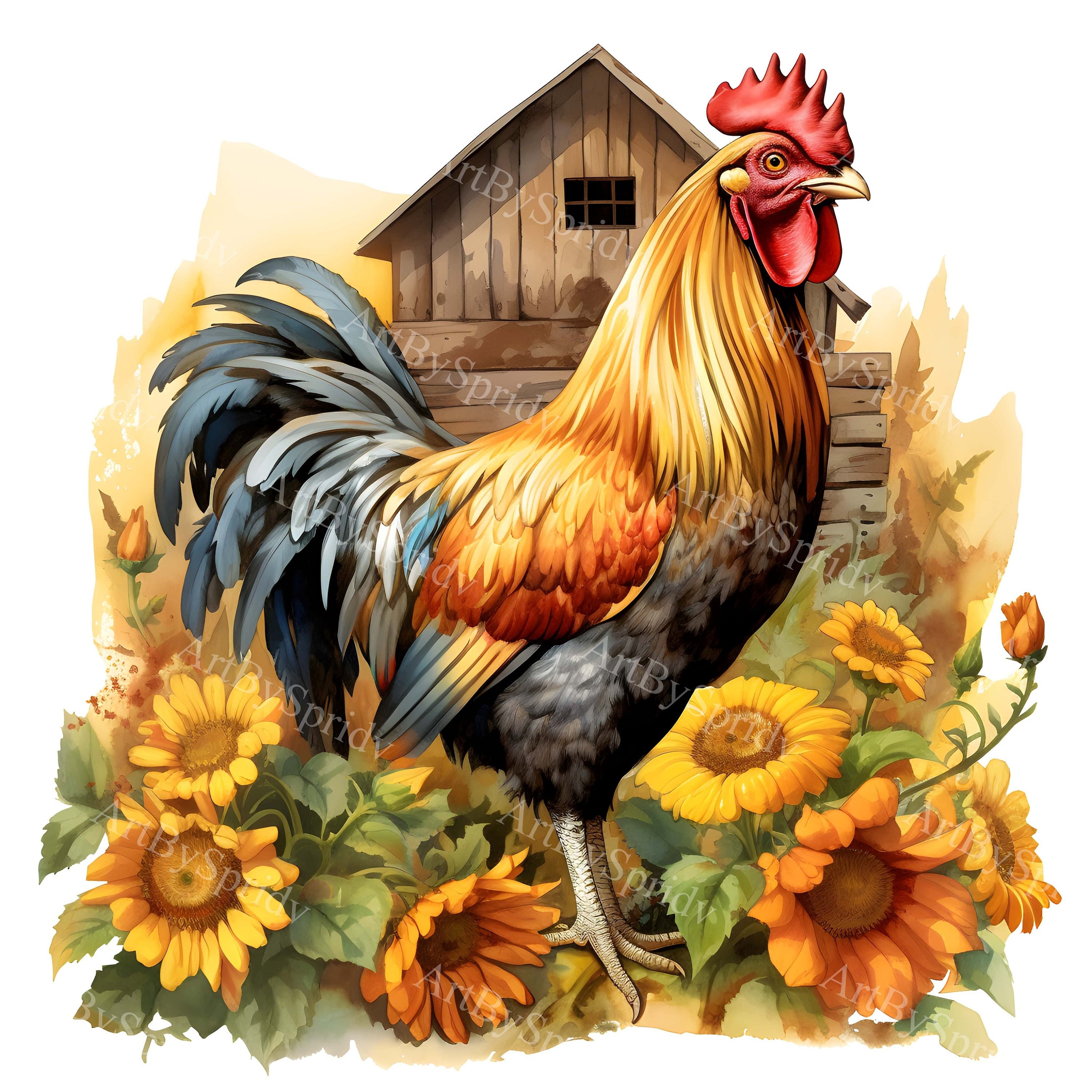 Rustic Chicken Vector Rustic Farm Chicken Clipart-rooster Among Sunflowers Digital Download ...
